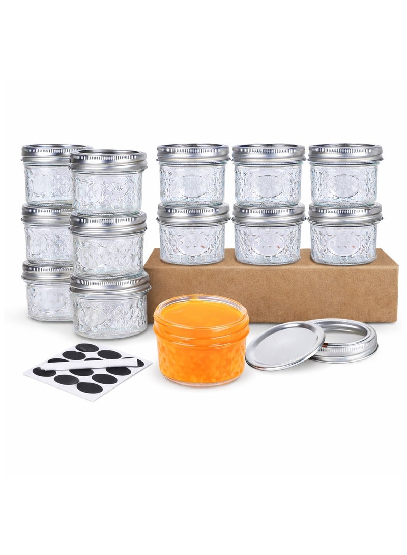 سكاي لينك برطمانات ميسون صغيرة من الزجاج الشفاف سعة 4 أونصات، عبوة من 12 برطمانًا صغيرًا للتعليب بأغطية فضية قابلة للفصل، برطمانات بتصميم ماسي للتوابل والعسل والمربى والهلام وهدايا الزفاف وتخزين المطبخ - Image 1